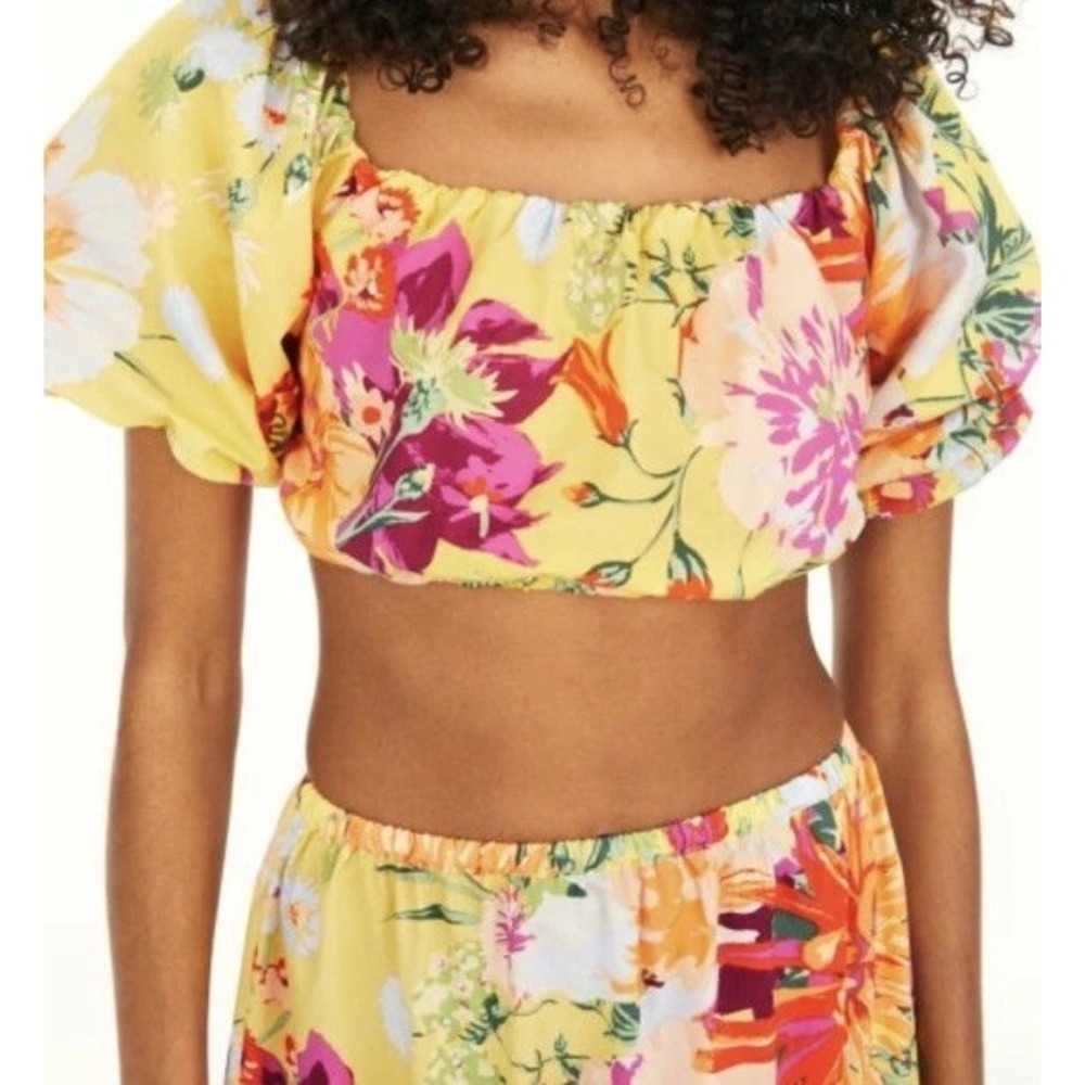 H&M Floral Crop Top M Yellow Puff Sleeve Lace Up Back Off Shoulder Boho Festival